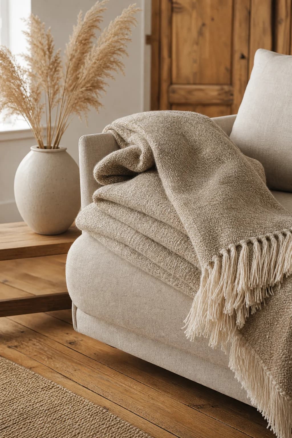 Cozy minimalist living — a soft throw blanket on a linen chair
